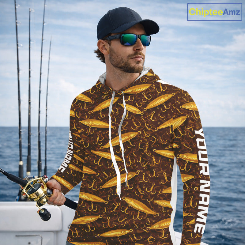 Custom Fishing Lure Yellow Long Sleeve Hooded Fishing Shirts For Men Custom Name, Mens Fishing Outfit NBT388