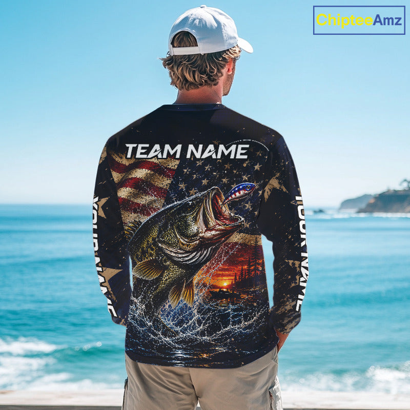 Man on a boat wearing a long sleeve fishing shirt American flag with custom team name