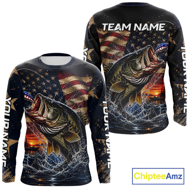 Long sleeve fishing shirt American flag design on a white background