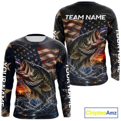 Long sleeve fishing shirt American flag design on a white background