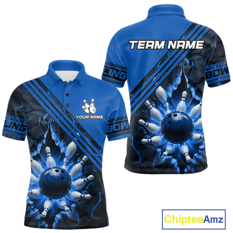 Custom Blue Men Bowling League Polo & 1/4 Quarter Zip Jersey Bowling Team Shirts NBT1017