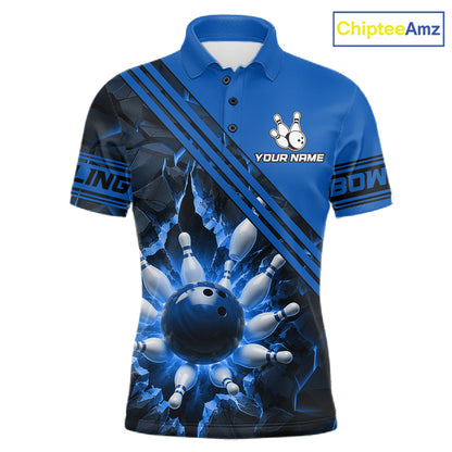 Custom Blue Men Bowling League Polo & 1/4 Quarter Zip Jersey Bowling Team Shirts NBT1017