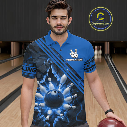 Custom Blue Men Bowling League Polo & 1/4 Quarter Zip Jersey Bowling Team Shirts NBT1017
