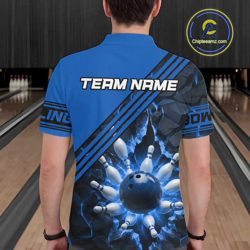 Custom Blue Men Bowling League Polo & 1/4 Quarter Zip Jersey Bowling Team Shirts NBT1017