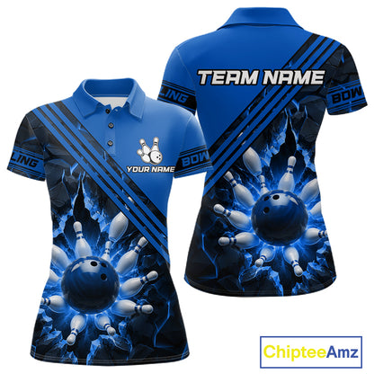 Custom Blue Women Bowling League Polo & 1/4 Quarter Zip Jersey Bowling Team Shirts NBT1017