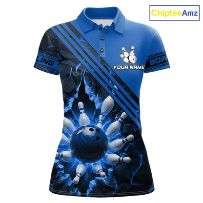 Custom Blue Women Bowling League Polo & 1/4 Quarter Zip Jersey Bowling Team Shirts NBT1017