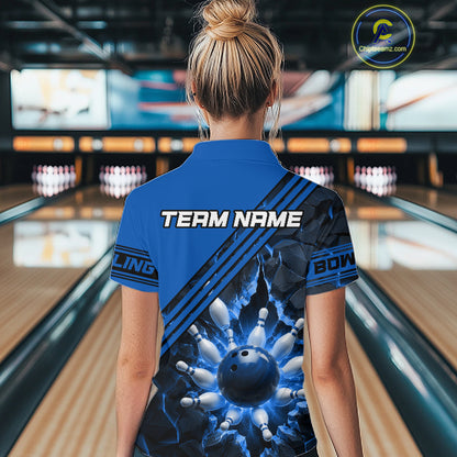Custom Blue Women Bowling League Polo & 1/4 Quarter Zip Jersey Bowling Team Shirts NBT1017