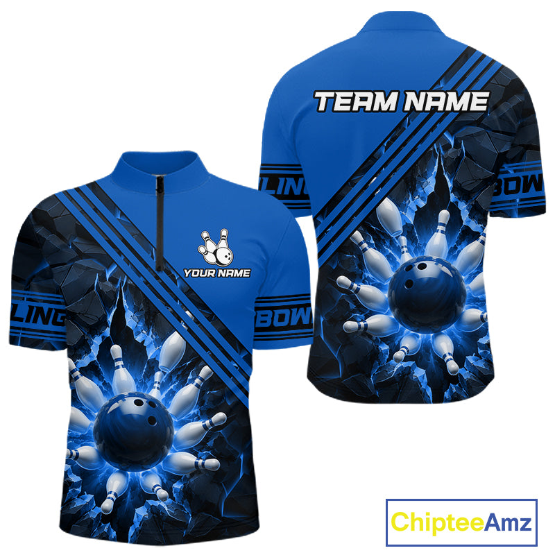 Custom Blue Men Bowling League Polo & 1/4 Quarter Zip Jersey Bowling Team Shirts NBT1017