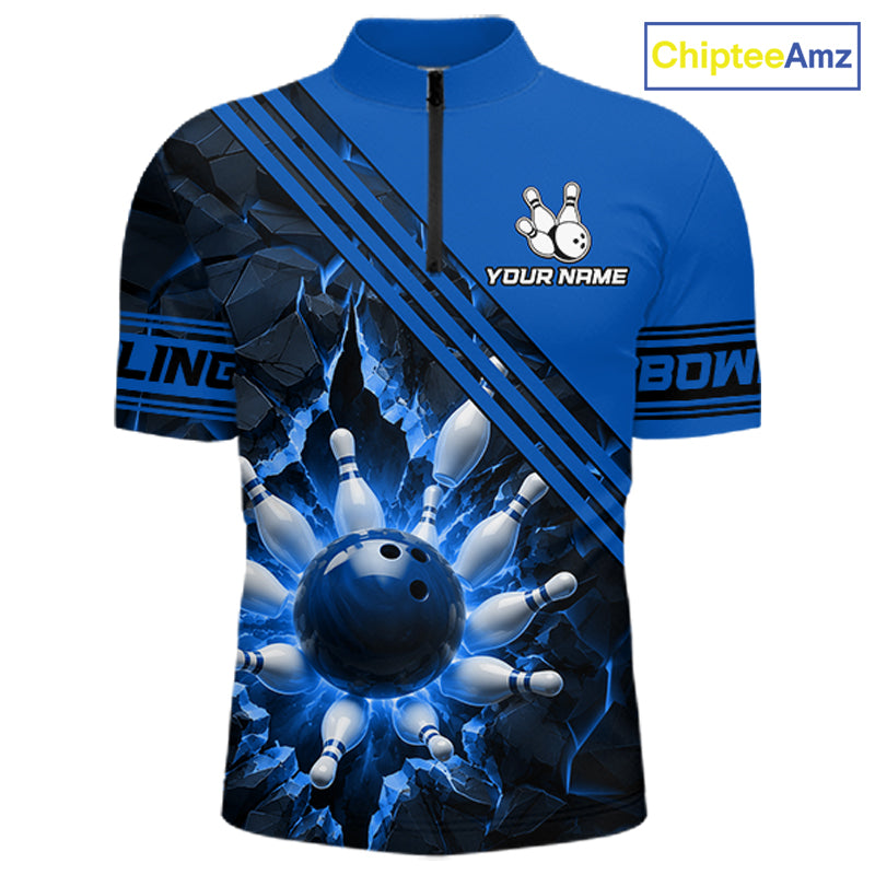 Custom Blue Men Bowling League Polo & 1/4 Quarter Zip Jersey Bowling Team Shirts NBT1017