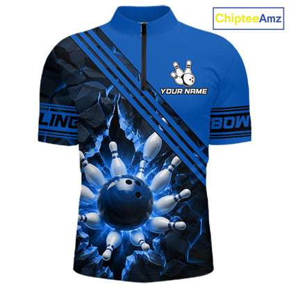 Custom Blue Men Bowling League Polo & 1/4 Quarter Zip Jersey Bowling Team Shirts NBT1017
