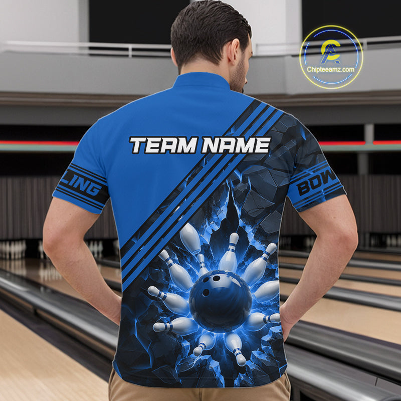 Custom Blue Men Bowling League Polo & 1/4 Quarter Zip Jersey Bowling Team Shirts NBT1017