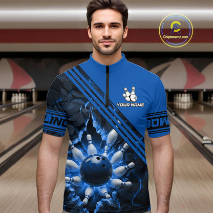 Custom Blue Men Bowling League Polo & 1/4 Quarter Zip Jersey Bowling Team Shirts NBT1017