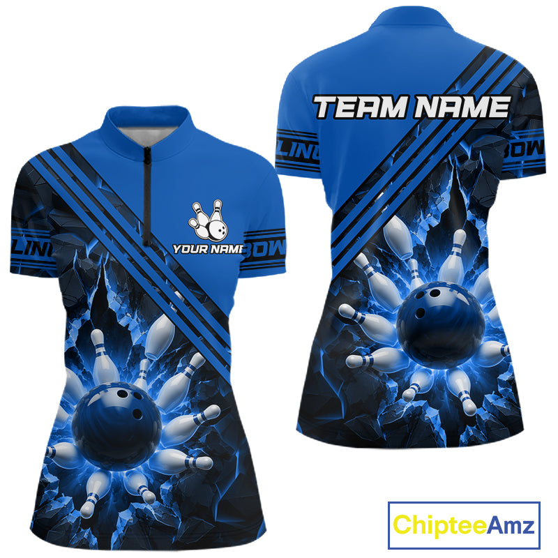 Custom Blue Women Bowling League Polo & 1/4 Quarter Zip Jersey Bowling Team Shirts NBT1017