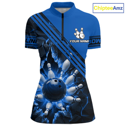 Custom Blue Women Bowling League Polo & 1/4 Quarter Zip Jersey Bowling Team Shirts NBT1017
