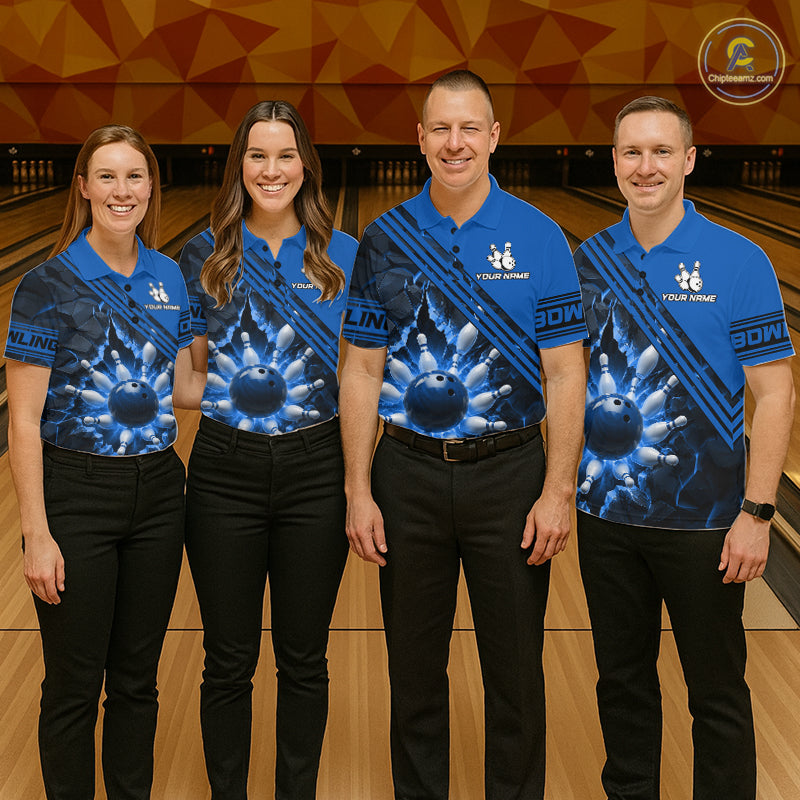 Custom Blue Men Bowling League Polo & 1/4 Quarter Zip Jersey Bowling Team Shirts NBT1017