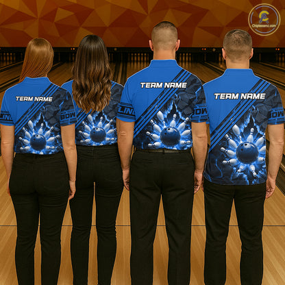 Custom Blue Men Bowling League Polo & 1/4 Quarter Zip Jersey Bowling Team Shirts NBT1017