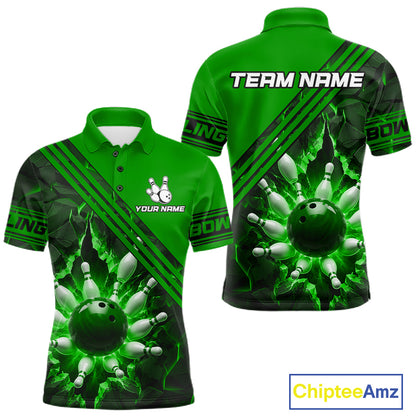 Custom Green Men Bowling League Polo & 1/4 Quarter Zip Jersey Bowling Team Shirts NBT1018