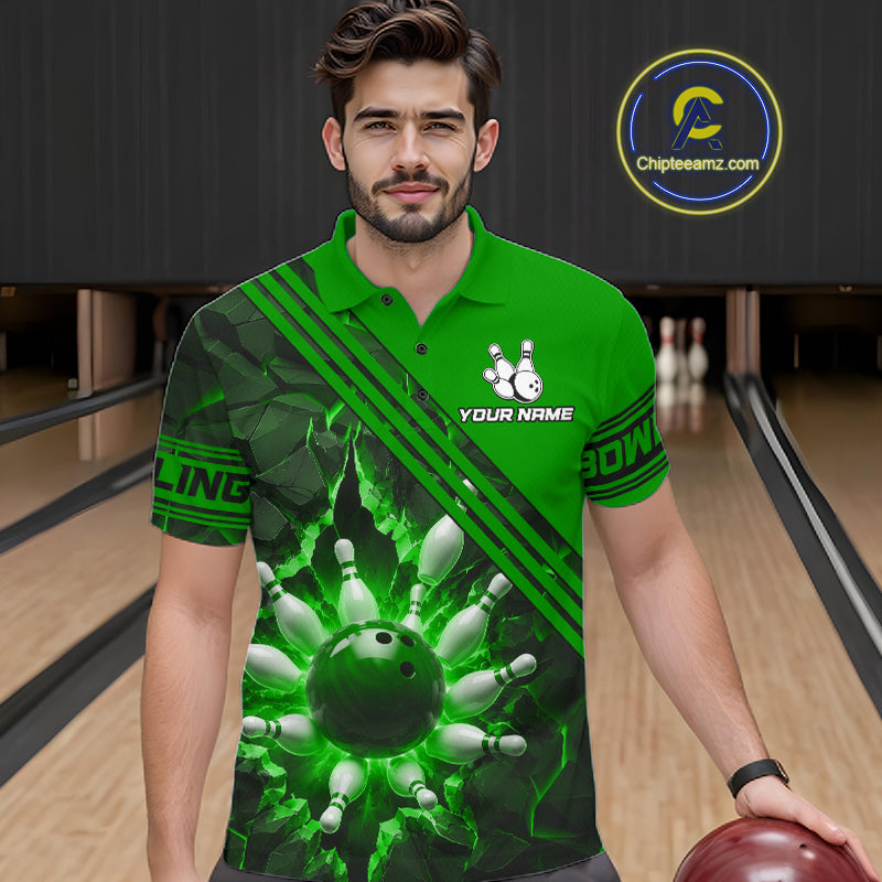 Custom Green Men Bowling League Polo & 1/4 Quarter Zip Jersey Bowling Team Shirts NBT1018