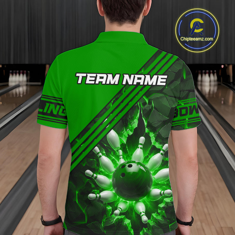 Custom Green Men Bowling League Polo & 1/4 Quarter Zip Jersey Bowling Team Shirts NBT1018