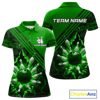 Custom Green Women Bowling League Polo & 1/4 Quarter Zip Jersey Bowling Team Shirts NBT1018