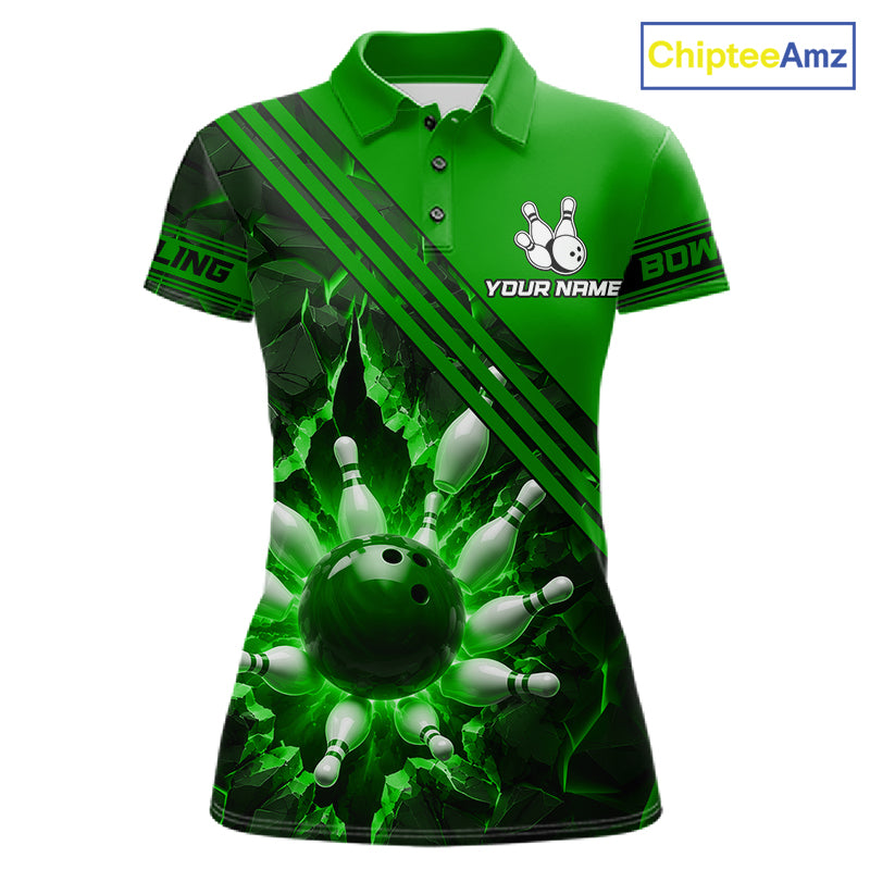 Custom Green Women Bowling League Polo & 1/4 Quarter Zip Jersey Bowling Team Shirts NBT1018