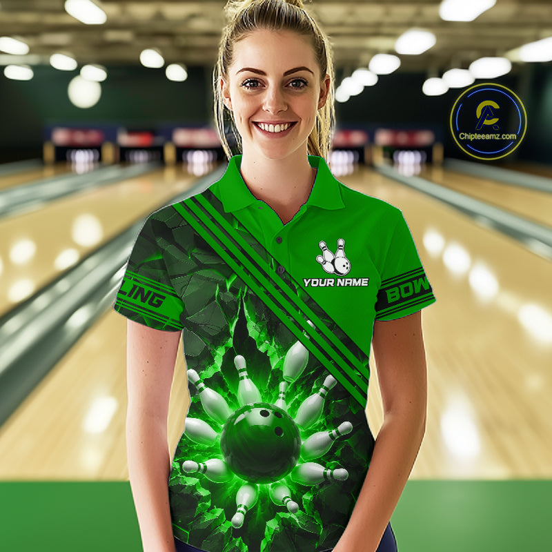 Custom Green Women Bowling League Polo & 1/4 Quarter Zip Jersey Bowling Team Shirts NBT1018