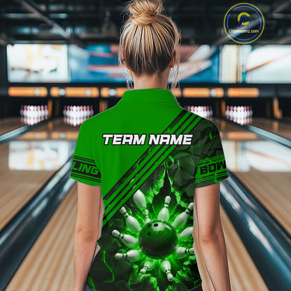 Custom Green Women Bowling League Polo & 1/4 Quarter Zip Jersey Bowling Team Shirts NBT1018