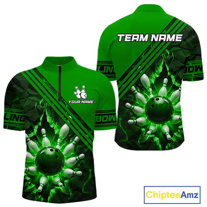 Custom Green Men Bowling League Polo & 1/4 Quarter Zip Jersey Bowling Team Shirts NBT1018