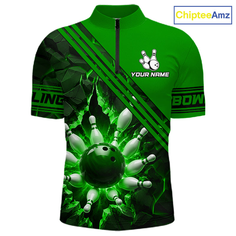 Custom Green Men Bowling League Polo & 1/4 Quarter Zip Jersey Bowling Team Shirts NBT1018
