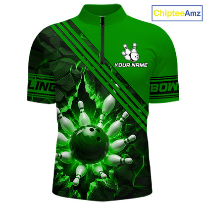 Custom Green Men Bowling League Polo & 1/4 Quarter Zip Jersey Bowling Team Shirts NBT1018