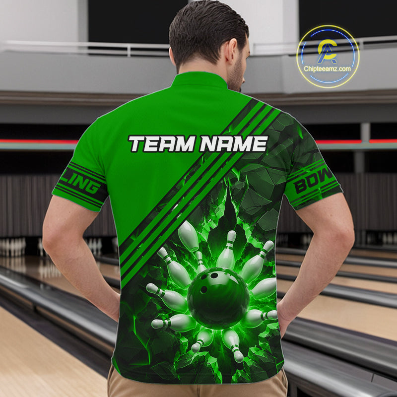 Custom Green Men Bowling League Polo & 1/4 Quarter Zip Jersey Bowling Team Shirts NBT1018