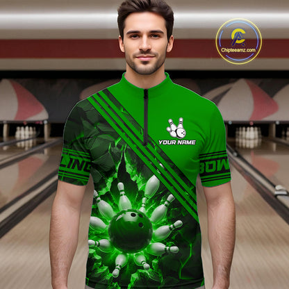 Custom Green Men Bowling League Polo & 1/4 Quarter Zip Jersey Bowling Team Shirts NBT1018