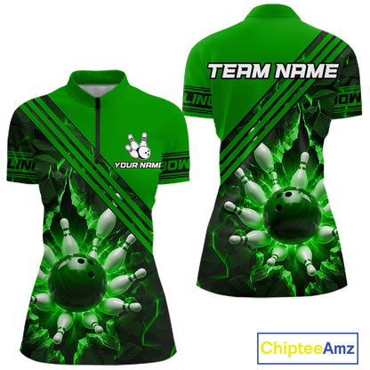 Custom Green Women Bowling League Polo & 1/4 Quarter Zip Jersey Bowling Team Shirts NBT1018