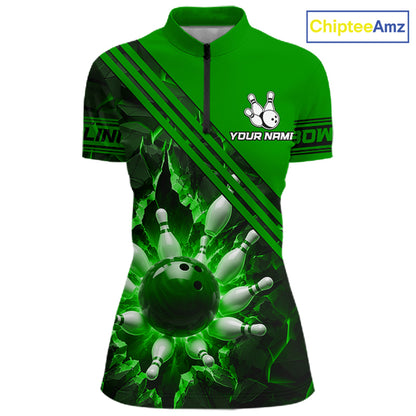 Custom Green Women Bowling League Polo & 1/4 Quarter Zip Jersey Bowling Team Shirts NBT1018