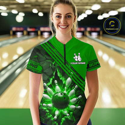 Custom Green Women Bowling League Polo & 1/4 Quarter Zip Jersey Bowling Team Shirts NBT1018