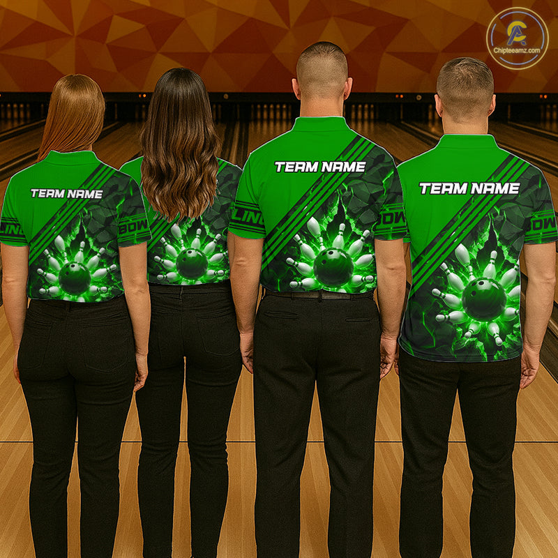 Custom Green Men Bowling League Polo & 1/4 Quarter Zip Jersey Bowling Team Shirts NBT1018