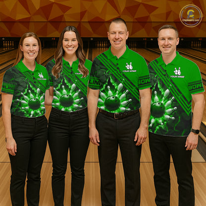 Custom Green Men Bowling League Polo & 1/4 Quarter Zip Jersey Bowling Team Shirts NBT1018