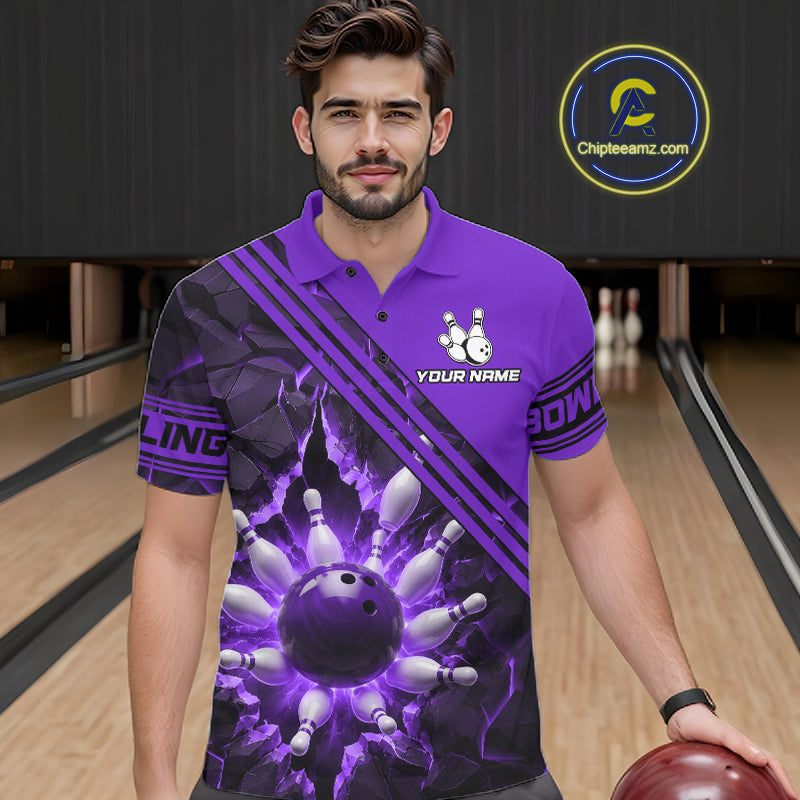 Custom Purple Men Bowling League Polo & 1/4 Quarter Zip Jersey Bowling Team Shirts NBT1019