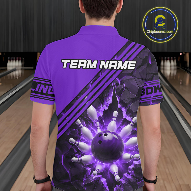 Custom Purple Men Bowling League Polo & 1/4 Quarter Zip Jersey Bowling Team Shirts NBT1019