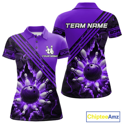 Custom Purple Women Bowling League Polo & 1/4 Quarter Zip Jersey Bowling Team Shirts NBT1019