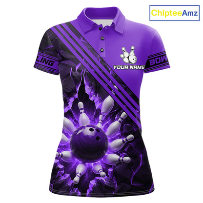 Custom Purple Women Bowling League Polo & 1/4 Quarter Zip Jersey Bowling Team Shirts NBT1019
