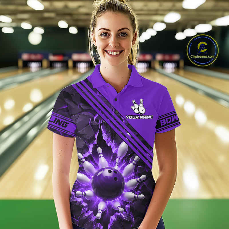 Custom Purple Women Bowling League Polo & 1/4 Quarter Zip Jersey Bowling Team Shirts NBT1019