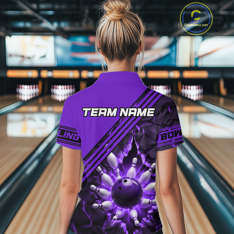 Custom Purple Women Bowling League Polo & 1/4 Quarter Zip Jersey Bowling Team Shirts NBT1019