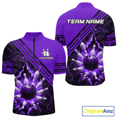 Custom Purple Men Bowling League Polo & 1/4 Quarter Zip Jersey Bowling Team Shirts NBT1019