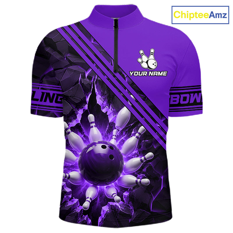 Custom Purple Men Bowling League Polo & 1/4 Quarter Zip Jersey Bowling Team Shirts NBT1019