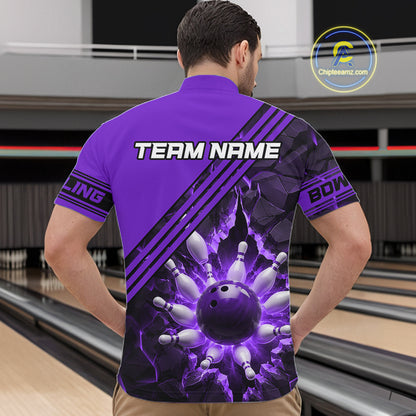 Custom Purple Men Bowling League Polo & 1/4 Quarter Zip Jersey Bowling Team Shirts NBT1019