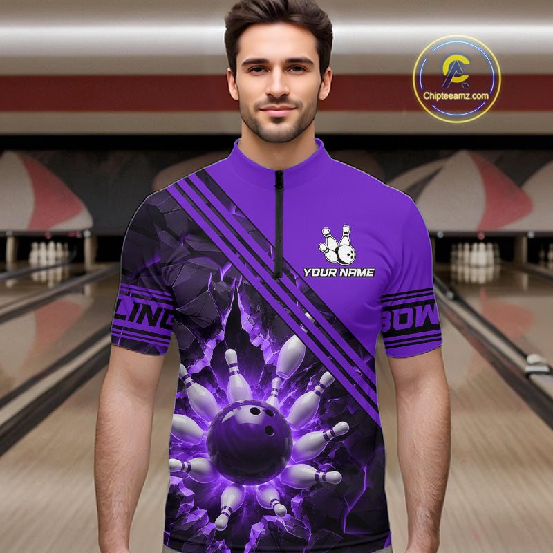 Custom Purple Men Bowling League Polo & 1/4 Quarter Zip Jersey Bowling Team Shirts NBT1019
