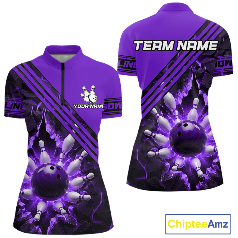 Custom Purple Women Bowling League Polo & 1/4 Quarter Zip Jersey Bowling Team Shirts NBT1019