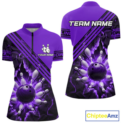 Custom Purple Women Bowling League Polo & 1/4 Quarter Zip Jersey Bowling Team Shirts NBT1019