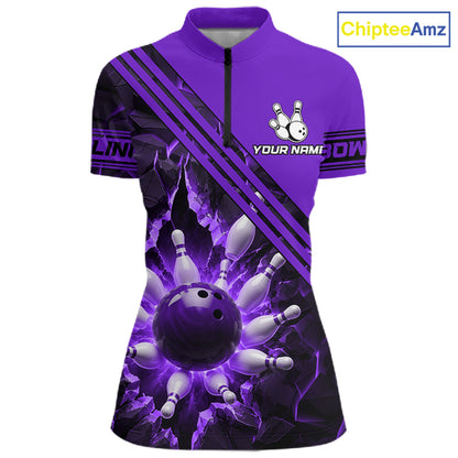 Custom Purple Women Bowling League Polo & 1/4 Quarter Zip Jersey Bowling Team Shirts NBT1019